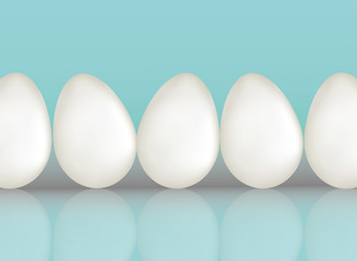 A five white chicken eggs on blue color background with reflaction. Natural ecological protein product. Healthy food. Dietary meal. Easter symbol. Realistic 3d Vector illustration
