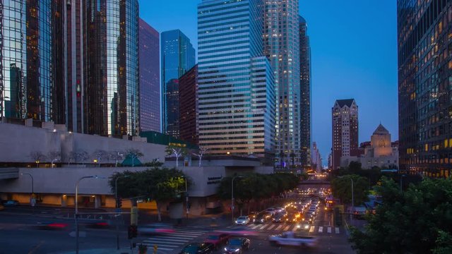 Timelapse of the scenic view on Downtown Los Angeles with transition from day to night