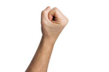 bunch of small chamomiles in a male hand on a white background, isolate. Close-up, view above. Copy space