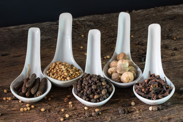 seasoning herbal in spoon on wood table for ingredient of food