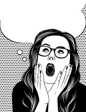 Vector Black and white poster of woman's face in shock emotions. Beautiful girl open her mouth and keep hands above face. Stressful girl's face over dot background with speech bubble