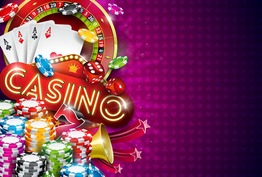 Casino Illustration with roulette wheel and playing chips on violet background. Vector gambling design with poker cards and dices for invitation or promo banner.