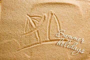 A beach umbrella and a surfboard are painted on the sand and an inscription of summer holidays. Beach background. View from above. The concept of summer, summer kanikkuly, vacation, holydays.
