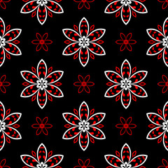 Seamless pattern with flowers. Black red white background
