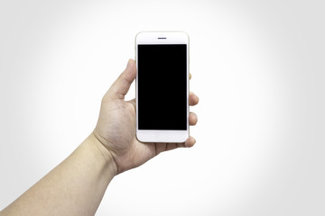 Fototapeta na wymiar Left hand holding smartphone on white background.