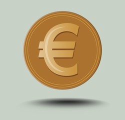Isolated euro symbol. Golden coin with transparent shadow on light gray background