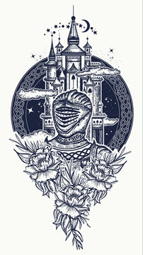 Medieval knight and castle tattoo art. Symbol of the fairy tale, dream, magic. Medieval castle t-shirt design
