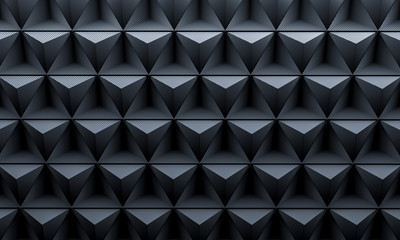  3d image of a polygonal geometric background with triangular shapes in carbon fiber. no one around, dark tones.