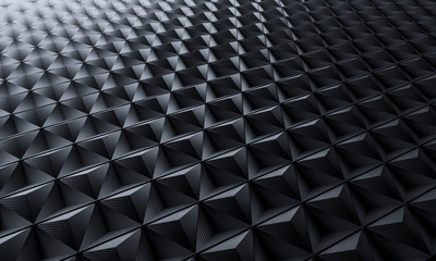  3d image of a polygonal geometric background with triangular shapes in carbon fiber. no one around, dark tones.