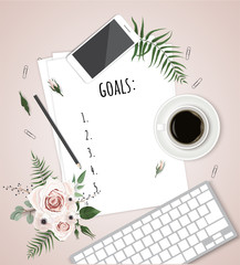 Top view 2018 goals list with notebook, cup of coffee on wooden desk. Vector illustration