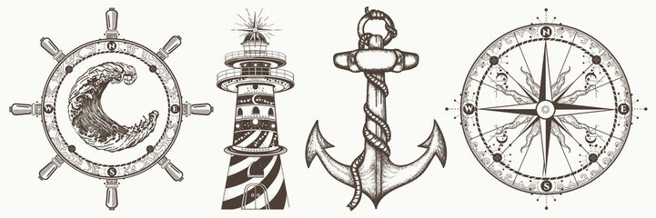 Sea collection vintage elements vector. Symbols of  adventure voyage, tourism, outdoor. Hand drawn retro set. Anchor, steering wheel, compass, lighthouse, wave - obrazy, fototapety, plakaty