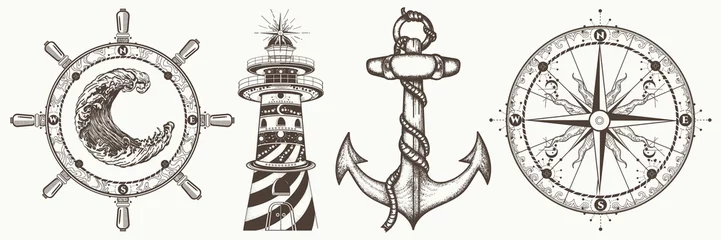 Fotobehang Sea collection vintage elements vector. Symbols of  adventure voyage, tourism, outdoor. Hand drawn retro set. Anchor, steering wheel, compass, lighthouse, wave © intueri
