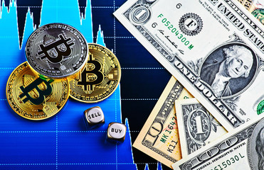  Golden and silver bitcoin, US dollars banknotes, dices and financial chart as background