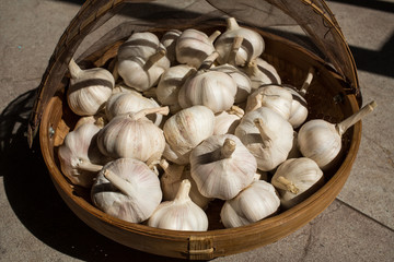 Garlic on rattan basket, Garlic on wicker basket