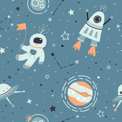 Seamless childish pattern with hand drawn space elements space, satellite, planet, rocket, stars, space probe, constellations, meteorite, astronaut. Trendy kids  green, grey vector background.