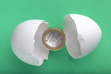 Euro coin in the eggshell on a green background euro coin in the eggshell on a green background