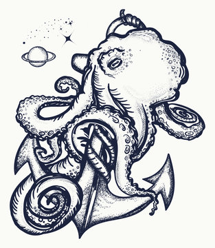 Octopus and anchor tattoo. Symbol of a sea adventure, ocean