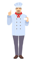 Chef  pointing up and showing the business card