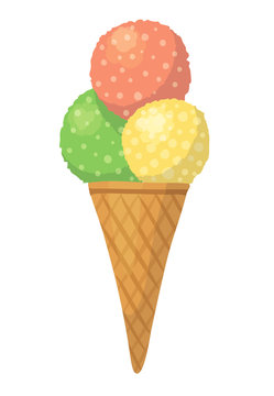 Cute vector cartoon illustration with colorful ice-cream isolated on white background. Three balls in wafer cone.