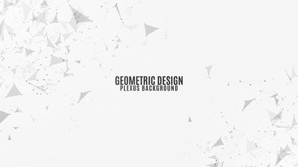 Plexus background of flying geometric particles on a white background. Dark connected triangular figures and atoms. Scientific background for your design. Vector illustration