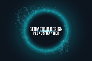 Geometric glowing banner of flying geometric particles on a black background. United triangular figures and atoms. Scientific background for your design. Vector illustration