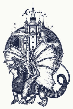Dragon and castle tattoo art. Symbol force, fantasy, fairy tale. Strong dragon and medieval castle, t-shirt design