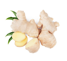 Root of ginger with leaves isolated on white background. Top view