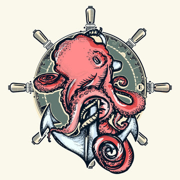 Octopus and anchor. Symbol of a sea adventure, ocean. Big octopus braids an old anchor t-shirt design