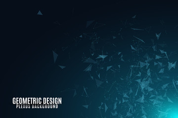 Flying geometric particles on a dark background. Glowing connected triangles. Plexus. Scientific background for your design. Vector illustration