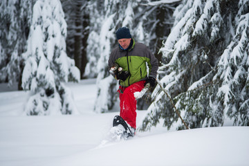 Fototapeta na wymiar Adventurer with firewood in his hands is walking in snowshoes
