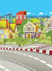 cartoon scene with street and some city in the background - illustration for children
