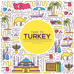 Country Turkey travel vacation guide of goods, place and feature. Set of architecture, fashion, people, item, nature background concept. Infographic traditional ethnic flat, outline, thin line icon