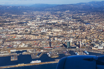 MARSEILLE, FRANCE, on March 2, 2018. The panorama of the city is visible from a window of the plane...