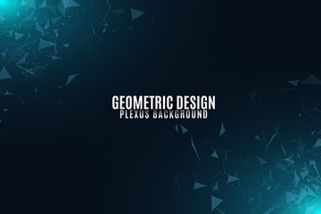 Abstract background of flying geometric particles on a dark background. Glowing connected triangles. Plexus. Scientific background for your design. Vector illustration