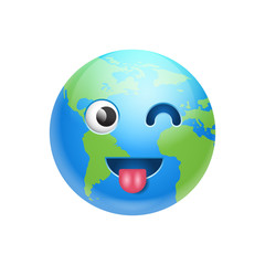 Cartoon Earth Face Showing Tongue And Wink Icon Funny Planet Emotion Flat Vector Illustration