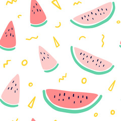 Vector tropical fruit background with watermelon. Summer exotic fruit seamless pattern with memphis style elements