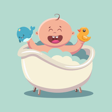 Kid in bath with soap bubbles and foam. Vector cartoon illustration of a happy child in bathroom with a rubber duck and a unicorn whale in his hands isolated on a background.