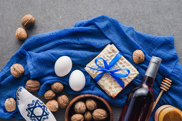 top view of matza, eggs and wine on table, Passover Tale concept