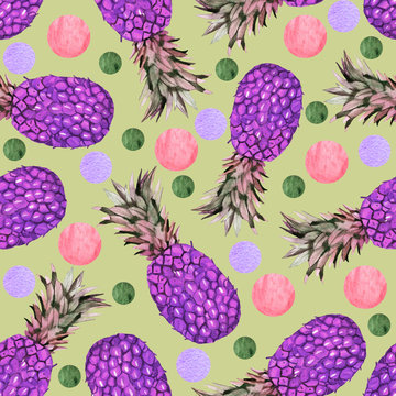 watercolor violet pineapple with circle illustration seamless pattern