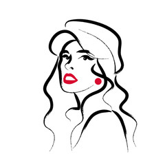 Vector artistic hand drawn stylish young lady portrait isolated on white background. Fashion girl model icon. Woman in hat. Beauty illustration, logo design. Fashion poster, placard, banner.