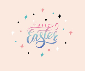 Vector lettering of  text Happy easter with small decor of shape of egg. Modern calligraphy. As template of greeting card, label, icon, tag,  banner. Calligraphy background.