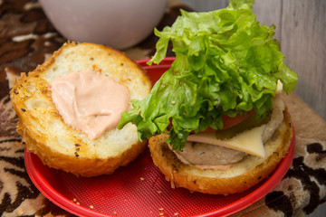 tasty hamburger with fresh vegetables. Homemade burger