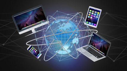 Computer and devices displayed on a futuristic interface with international network  - 3d render