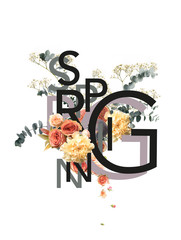 creative collage with floral bouquet on white with SPRING sign