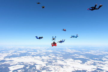 Naklejka na ściany i meble Formation skydiving. Skydivers have just jumped out of a plane.