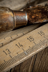 old work tools on wooden table