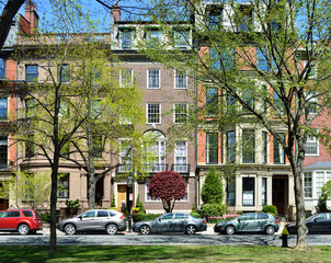 Back Bay, Boston. Victorian Apartment Buildings and City Street in the Spring 