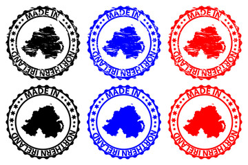 Made in Northern Ireland - rubber stamp - vector, Northern Ireland map pattern - black, blue and red