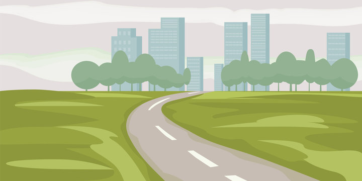 Road way to city buildings on horizon vector illustration, highway cityscape cartoon style, modern big skyscrapers town far away ahead, perspective landscape and city view, vector