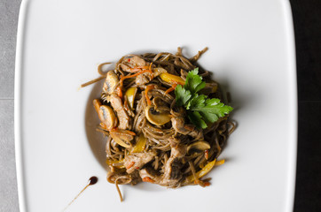 Noodles with pork and mushrooms